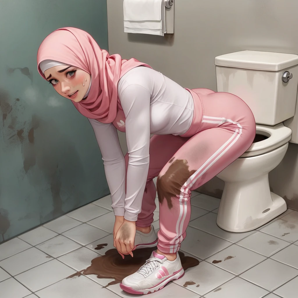 Ultra-realistic, 4k, 1girl, hot cute face, pretty face, cute eyes, skinny body, wearing pink hijab, pink adidas sweatpants, tight long sleeve sports white tshirt, white sneakers, nervous facial expressions, very sweaty, both hands on ass, in dirty dark public toilet, near the toilet, dirty toilet walls, dirty toilet floor, dirty toilet, dirty clothes, sweaty clothes, (((make the whole image filthy and dirty))), (((mud on the floor and mud overflowing from toilet bowl))), stinky atmosphere, filthy atmosphere, mud everywhere, mud on face, mud on pants, disgusting toilet,