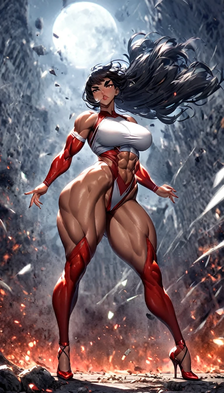 1Full body picture from a low view of A dark skinned 25-year-old woman, athletic body, very detailed short black hair, thick eyebrows, long eyelashes, beautiful brown eyes, thick lips, toned arms , large natural , toned abs, thick curvy hips and thighs, muscular legs very detailed, big curvy booty wearing a short red transparent double split dress with lace trim, a tight fitting white sleeveless crop top shirt, red leg bands around her thighs, red arm bands on each upper arm, transparent white thigh high stockings, red stiletto heels, standing in a very detailed wasteland on a highly windy day, hair blowing in the wind, a full moon in the background, debris flying in the foreground, light dust surrounding her, she is looking very serious (full body)