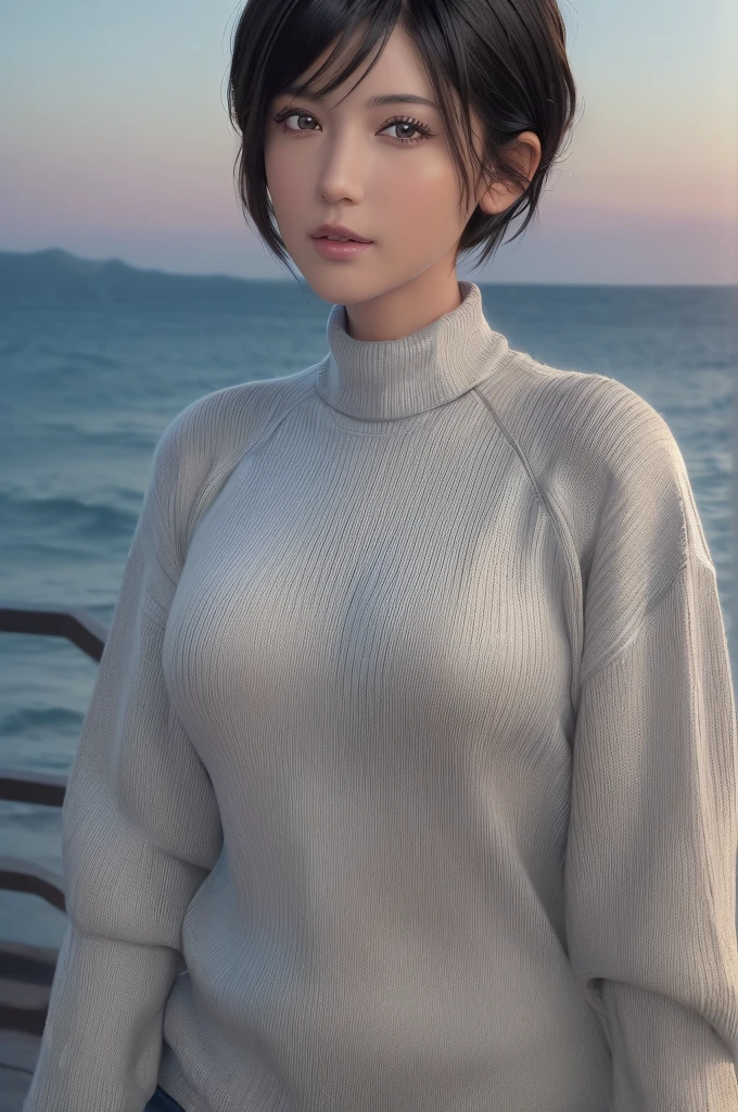 (masterpiece:1.3), (8k, photorealistic, RAW photo, best quality: 1.4), (1girl), beautiful face, (realistic face), (black hair, short hair:1.3), beautiful hairstyle, realistic eyes, beautiful detailed eyes, (realistic skin), beautiful skin, (sweater), absurdres, attractive, ultra high res, ultra realistic, highly detailed, golden ratio