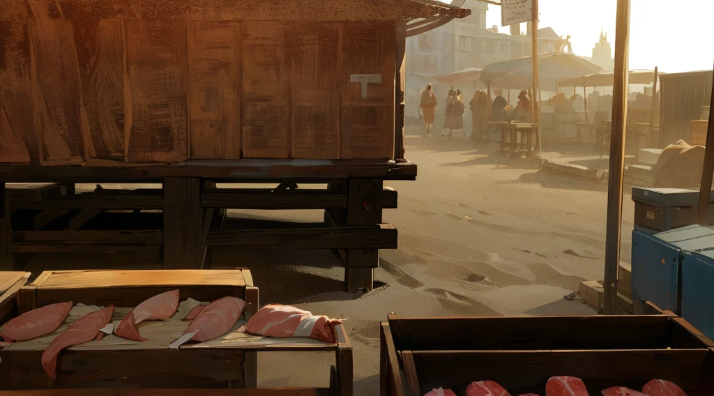 traditional market, market stall, (market tens), (they sell human flesh, chopped hand and feet, human meats), sellwooden box, wooden table, (sand ground, sand hill behind the stall), dawn time, dark morning,