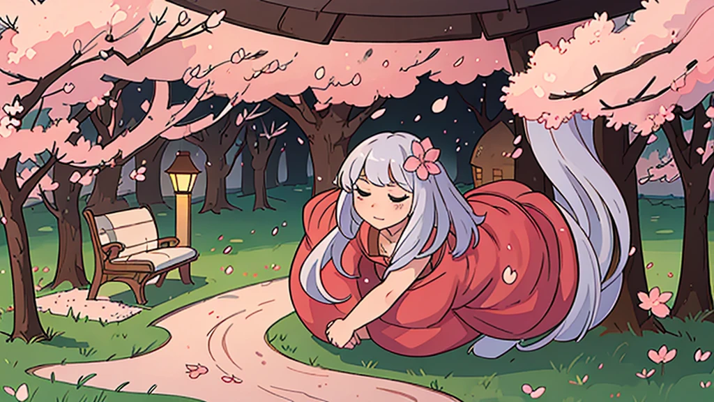 A tranquil cherry blossom park in full bloom