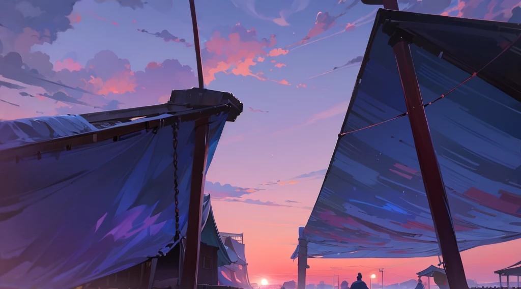 under the market tetns, under the canopies, dawn sky, early morning,