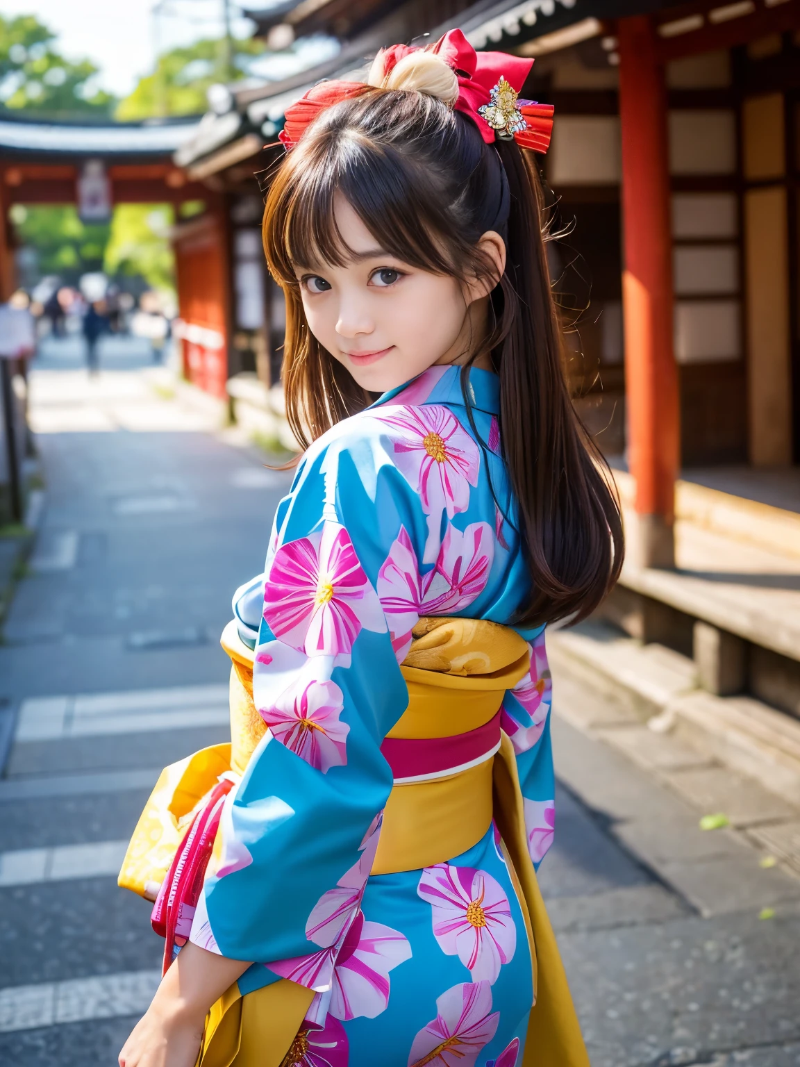 (Best-quality, Masterpiece, Ultra-High-Resolution, (Photorealistic:1.4), Raw Photo, depth of field, professional lighting, perfect anatomy, extremely details), 1girl, -yeld, thost famous Japanese idol, ((cowboy shot, dynamic pose, upturned ass)), (((wearing colorful Japanese-KIMONO with cute-design))), having fun at Kyoto-City, ((extremely cute face, ((extremely cute and extremely big eyes)), extremely beautiful hair, extremely beautiful skins)), looking at viewer, innocent smile, (detailed Kyoto-City)