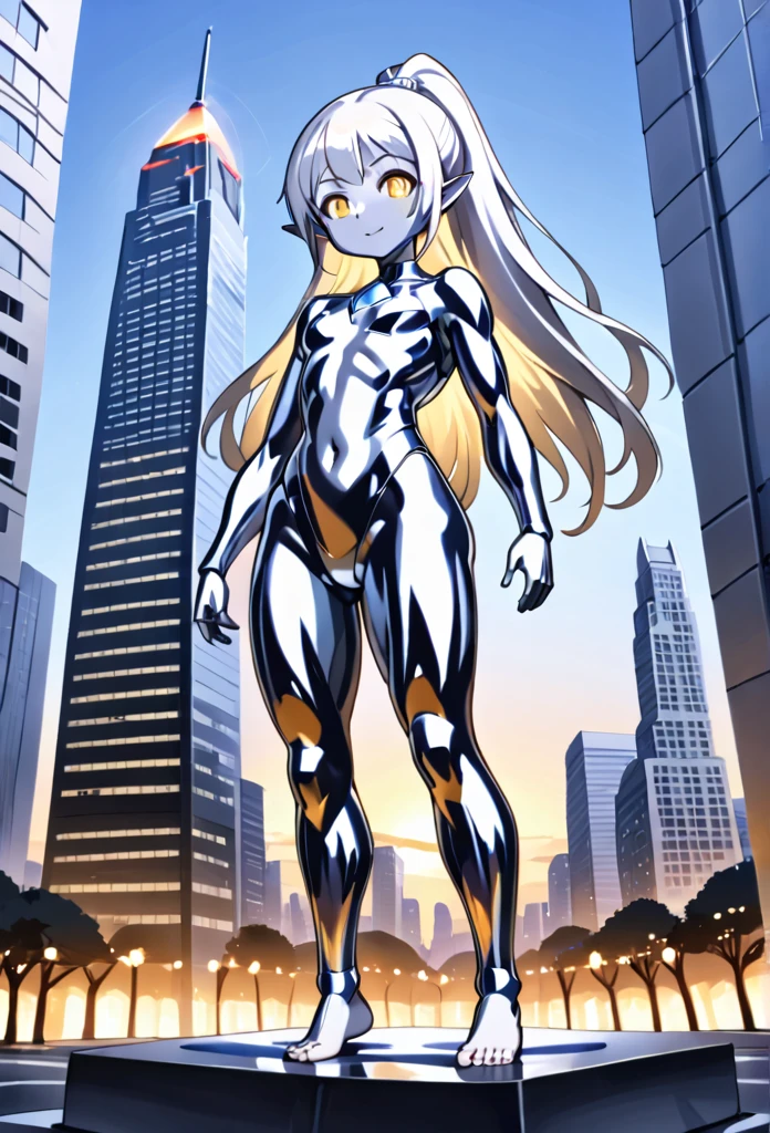 1girl, solo, anime style, 4k quality, masterpiece, best quality, sword art online, , loli, yui, long hair, blunt bangs, white hair, very long hair, high ponytail, pointy ears, elf, barefoot, ultrawoman, robot, colored skin, glowing eyes, yellow eyes, flat chest, giantess, giant, metallic face, metallic skin, shiny skin, chrome skin, gem on chest, colour timer on chest, chest jewel, blue jewel, muscular, abs, Female Bodybuilding Style, beam, tokusatsu,  ultra beam, thick thighs, looking at viewer, full body, smile, closed mouth, standing, giantess, outdoor, city, citycape, skyscraper