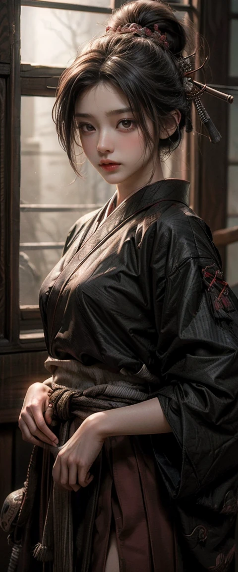 ((Masterpiece, Highest quality, Highest picture quality, high resolution, realistic, raw image, 8K)), female samurai costume, There are samurai swords and retro bows., Sega, Namco, Capcom,