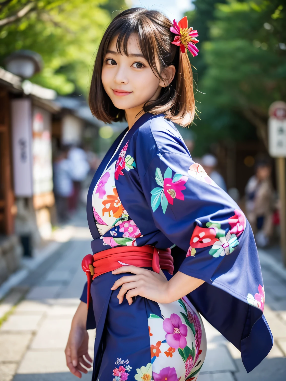 (Best-quality, Masterpiece, Ultra-High-Resolution, (Photorealistic:1.4), Raw Photo, depth of field, professional lighting, perfect anatomy, extremely details), 1girl, -yeld, thost famous Japanese idol, ((cowboy shot, dynamic pose, upturned ass)), (((wearing colorful Japanese-KIMONO with cute-design))), having fun at Kyoto-City, ((extremely cute face, ((extremely cute and extremely big eyes)), extremely beautiful hair, extremely beautiful skins)), looking at viewer, innocent smile, (detailed Kyoto-City)