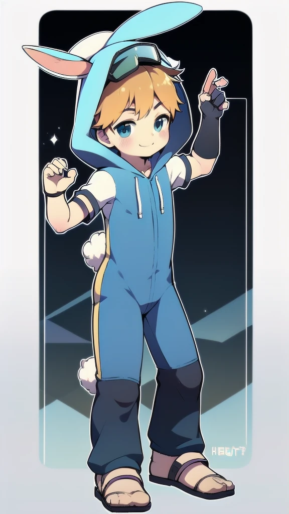 ((A young boy))，(Youthful feeling)，One-piece mountaineering suit，slender figure,Healthy limbs，goggles，fingerless gloves，cotton socks，short sleeves，Smile，Rabbit ears，Rabbit Tail，standing，Top of crotch