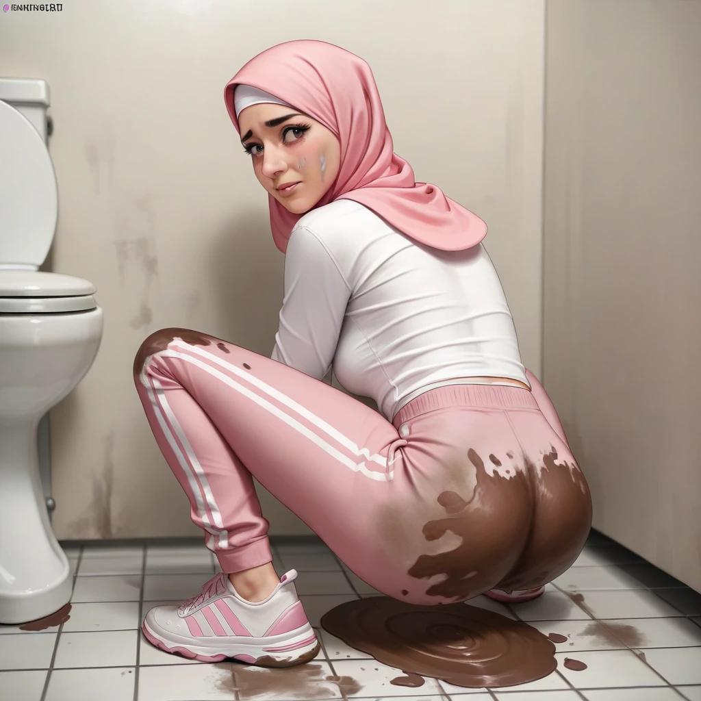 Ultra-realistic, 4k, 1girl, hot cute face, pretty face, cute eyes, skinny body, wearing pink hijab, pink adidas sweatpants, tight long sleeve sports white tshirt, white sneakers, nervous facial expressions, very sweaty, both hands on ass, in dirty dark public toilet, near the toilet, dirty toilet walls, dirty toilet floor, dirty toilet, dirty clothes, sweaty clothes, (((make the whole image filthy and dirty))), (((mud on the floor and mud overflowing from toilet bowl))), stinky atmosphere, filthy atmosphere, mud everywhere, mud on face, mud on pants, disgusting toilet,