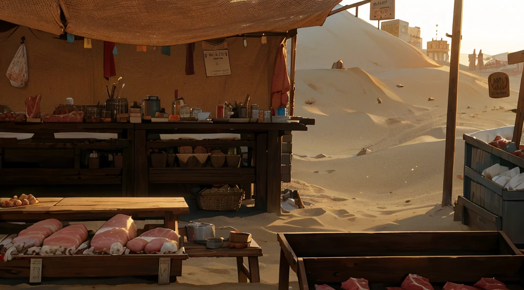traditional market, market stall, (market tens), (they sell human flesh, chopped hand and feet, human meats), sellwooden box, wooden table, (sand ground, sand hill behind the stall), dawn time, dark morning,