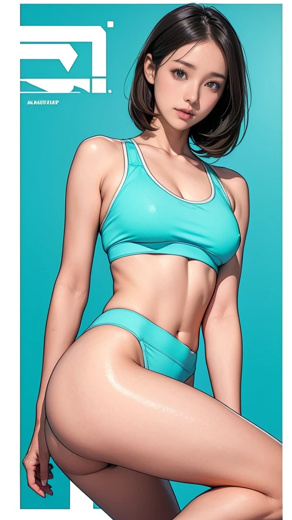 8K, RAW photos, best quality, masterpiece, Practical, Reality, (1 extreme beauty),35 years old gorgeous, Gorgeous,The face is rich in detail, (Perfect Teeth), Delicate eyes, double eyelids, eyelash, Grin, Lip detail, Brown Hair Bob, Natural breasts, ((Sexy Japanese volleyball)), ((Cyan sexy sports briefs))Soft Light, ((Written border depth)) 、all、Stick out your ass、legs spread、slim body、Inverted Nipple, Sports bra,Leaked out,