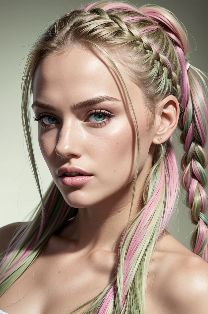 Portrait, photorealistic, realistic, Girl, green eyes, clear skin, soft makeup, long streaked green/pink hair, {loose hair, updo hair, ponytail, braids}, realistic soft skin.