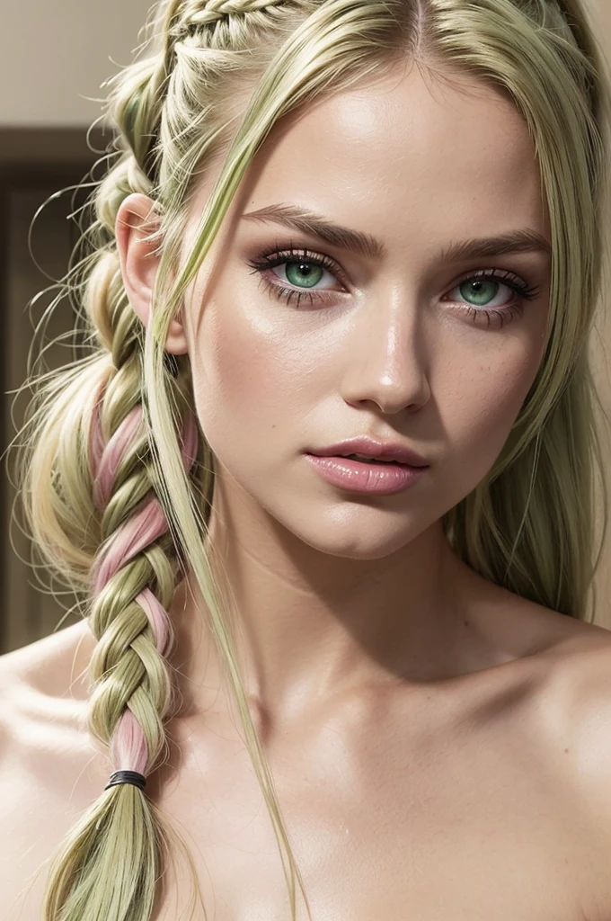 Portrait, photorealistic, realistic, Girl, green eyes, clear skin, soft makeup, long streaked green/pink hair, {loose hair, updo hair, ponytail, braids}, realistic soft skin.