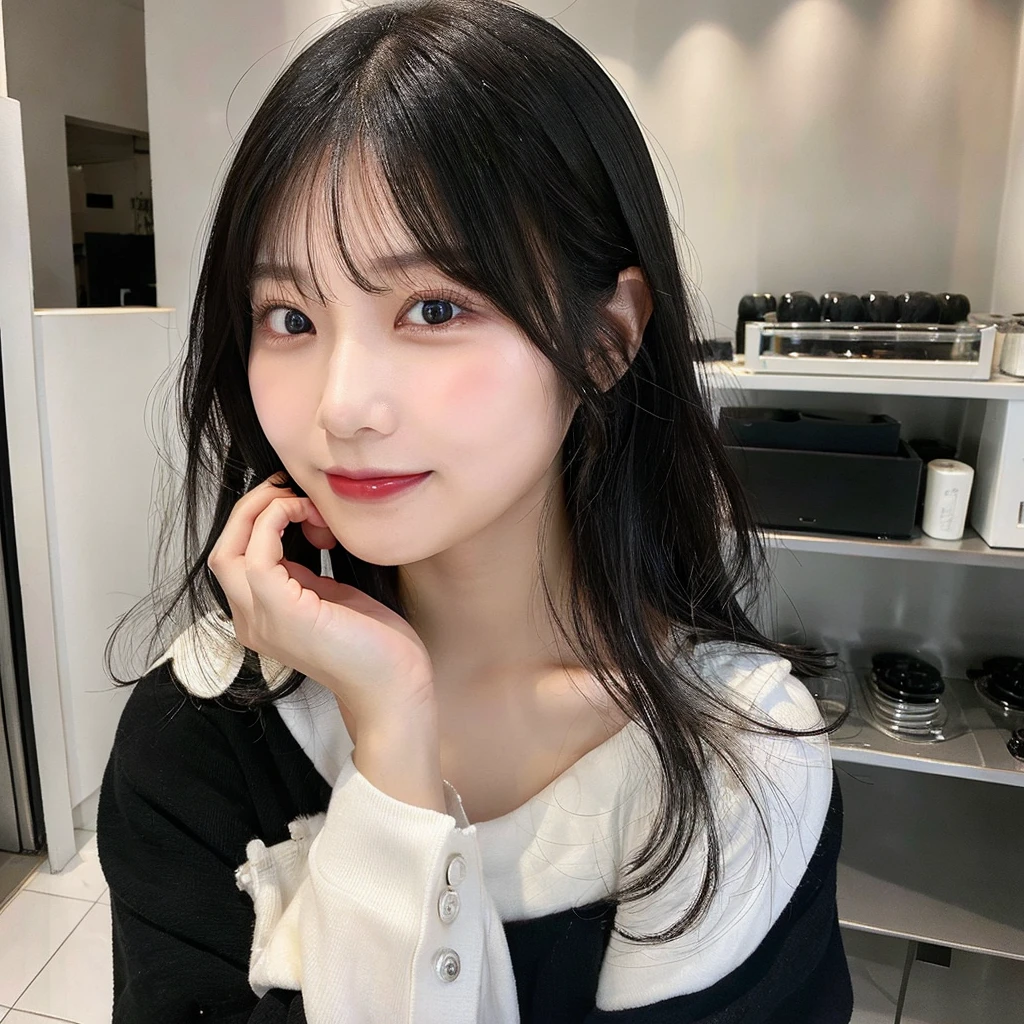 whiteroom, 1 person, Japanese woman, model's expression, look at the camera, 28yo, H cup, silver ratio, cute, middle black hair, cafe clerk, Dimples on both cheeks, Mole on left cheek