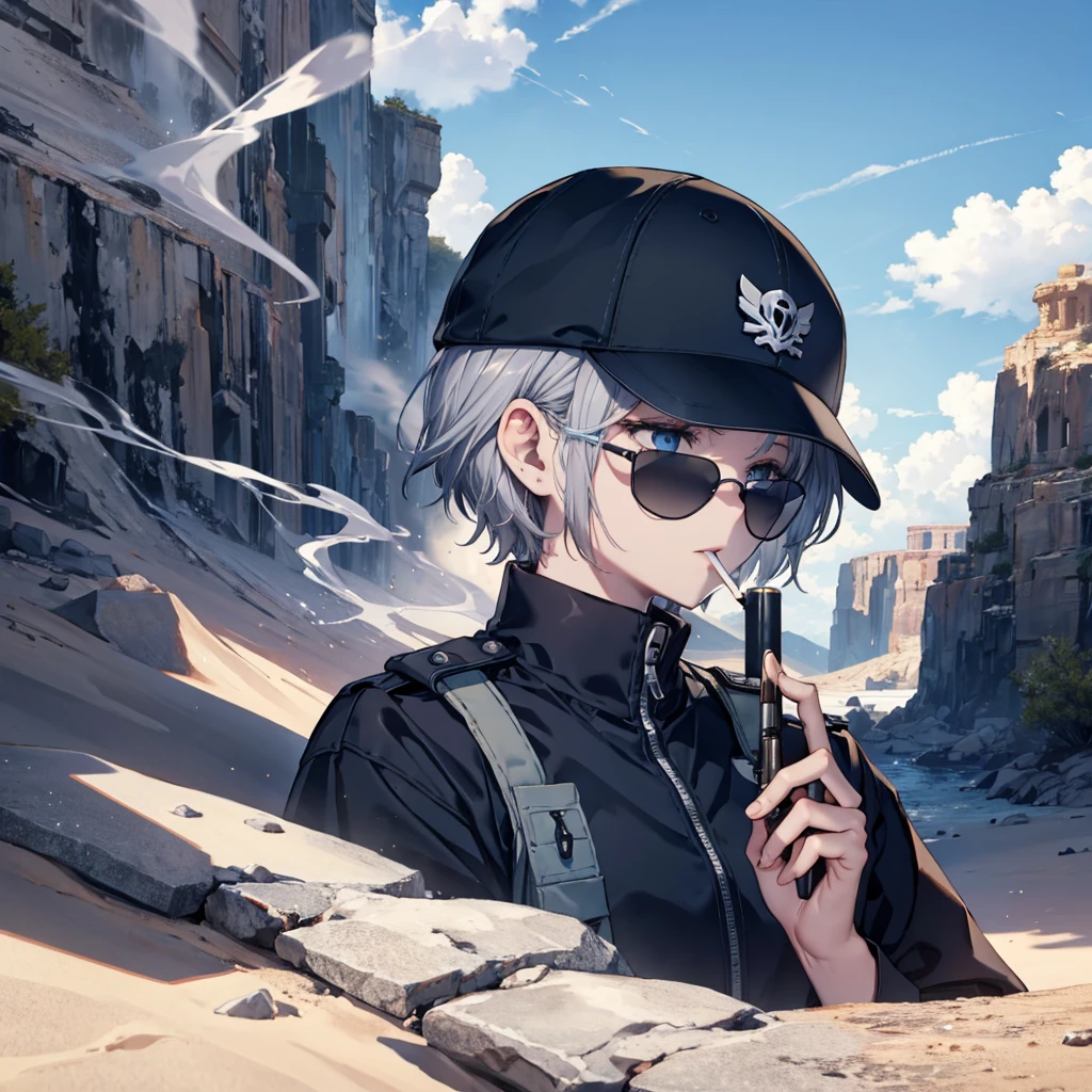 (((Smoke a cigarette Wear sunglasses Security Officer Wear a hat 1 person))) (((Gray Hair Short Hair blue eyes girl))),((noon wilderness In the middle of the desert)),(Shining Sun Rolling Skull), Shining Background Shining Edge