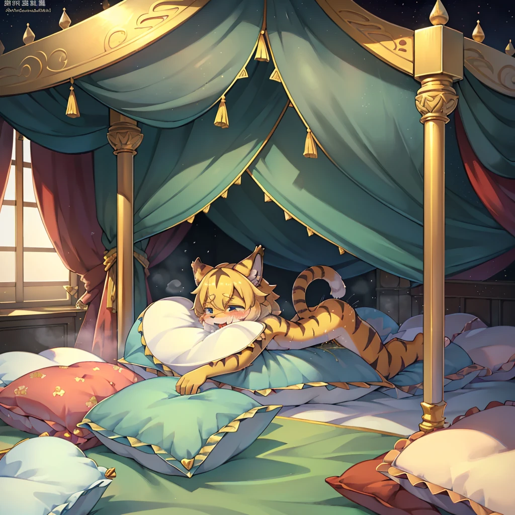 (masterpiece,best quality),my own, The Beast, , (适合任何Pillow背景的光影)), 穿着pajamas可爱女孩在Pillow上摆姿势 ,pajamas,Nature,, (blush),a smile,Pillow头,(很多Pillow),Soft cushion,(canopy bed),Soft pillow quotation,(Pillow损坏),很多Pillow,(Crotch rubbing),((Pillow驼峰)),(Pillow),(A tail),,(粉色Pillow),(Love around the protagonist),Steam,(Pillow头),(),(豪华Pillow),(Pillow),(palace),(Palace bedroom),(Pillow),柔软的Pillow,,(Classical European style bedroom ),(excited,shy person,Lack of expressiveness,),,pillow humping,my,tiger tail,tiger ears,Tiger pattern,,Sweat,,Sweaty,Body swing,身体Shaking lines,Shaking lines,best quality, masterpiece, ((Maximum resolution)), artwork, ,,,(Interior of the palace),(In the bedroom at night),(Deluxe Rococo Canopy King Bed),On a big and spacious bed,(the 女孩 is lying on the bed),Before bedtime,,,Luxurious curtains with ornate ruffles and ribbons surround the bed,((((There are many pillows piled on the bed)))),Detail of Quilt,Detailed bed sheets,Ruffled Bed Skirt,Deep Bed,Background with depth,pajamas , ((((大量的Pillow)))),peeing,squatting,water,Urine,Shaking lines,wetting pillows,Flowing liquid,Violent body shaking,剧烈Shaking lines,详细的软Pillow,,(女孩正躺在许多柔软的Pillow上,周围有许多Pillow),(Pillow上有液体),Sweat,saliva,Splashing urine,Pillow上和床上有水迹,