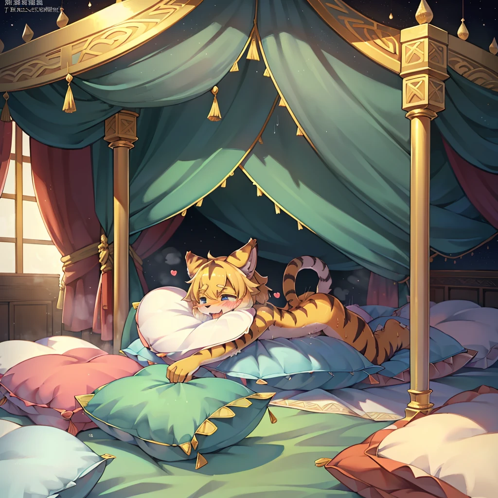 (masterpiece,best quality),my own, The Beast, , (适合任何Pillow背景的光影)), 穿着pajamas可爱女孩在Pillow上摆姿势 ,pajamas,Nature,, (blush),a smile,Pillow头,(很多Pillow),Soft cushion,(canopy bed),Soft pillow quotation,(Pillow损坏),很多Pillow,(Crotch rubbing),((Pillow驼峰)),(Pillow),(A tail),,(粉色Pillow),(Love around the protagonist),Steam,(Pillow头),(),(豪华Pillow),(Pillow),(palace),(Palace bedroom),(Pillow),柔软的Pillow,,(Classical European style bedroom ),(excited,shy person,Lack of expressiveness,),,pillow humping,my,tiger tail,tiger ears,Tiger pattern,,Sweat,,Sweaty,Body swing,身体Shaking lines,Shaking lines,best quality, masterpiece, ((Maximum resolution)), artwork, ,,,(Interior of the palace),(In the bedroom at night),(Deluxe Rococo Canopy King Bed),On a big and spacious bed,(the 女孩 is lying on the bed),Before bedtime,,,Luxurious curtains with ornate ruffles and ribbons surround the bed,((((There are many pillows piled on the bed)))),Detail of Quilt,Detailed bed sheets,Ruffled Bed Skirt,Deep Bed,Background with depth,pajamas , ((((大量的Pillow)))),peeing,squatting,water,Urine,Shaking lines,wetting pillows,Flowing liquid,Violent body shaking,剧烈Shaking lines,详细的软Pillow,,(女孩正躺在许多柔软的Pillow上,周围有许多Pillow),(Pillow上有液体),Sweat,saliva,Splashing urine,Pillow上和床上有水迹,