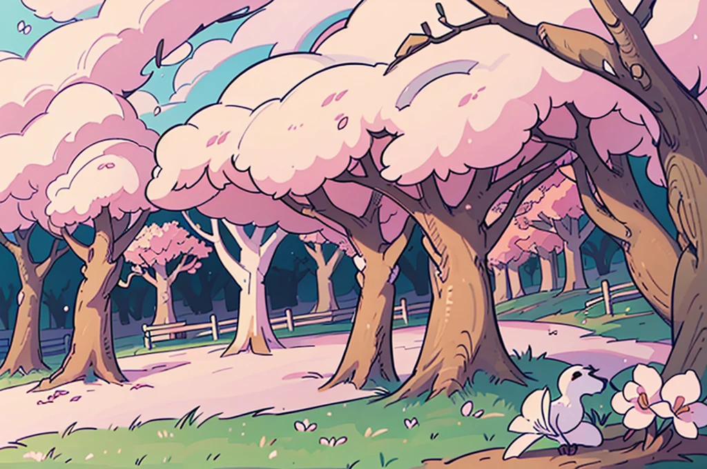 A tranquil cherry blossom park in full bloom