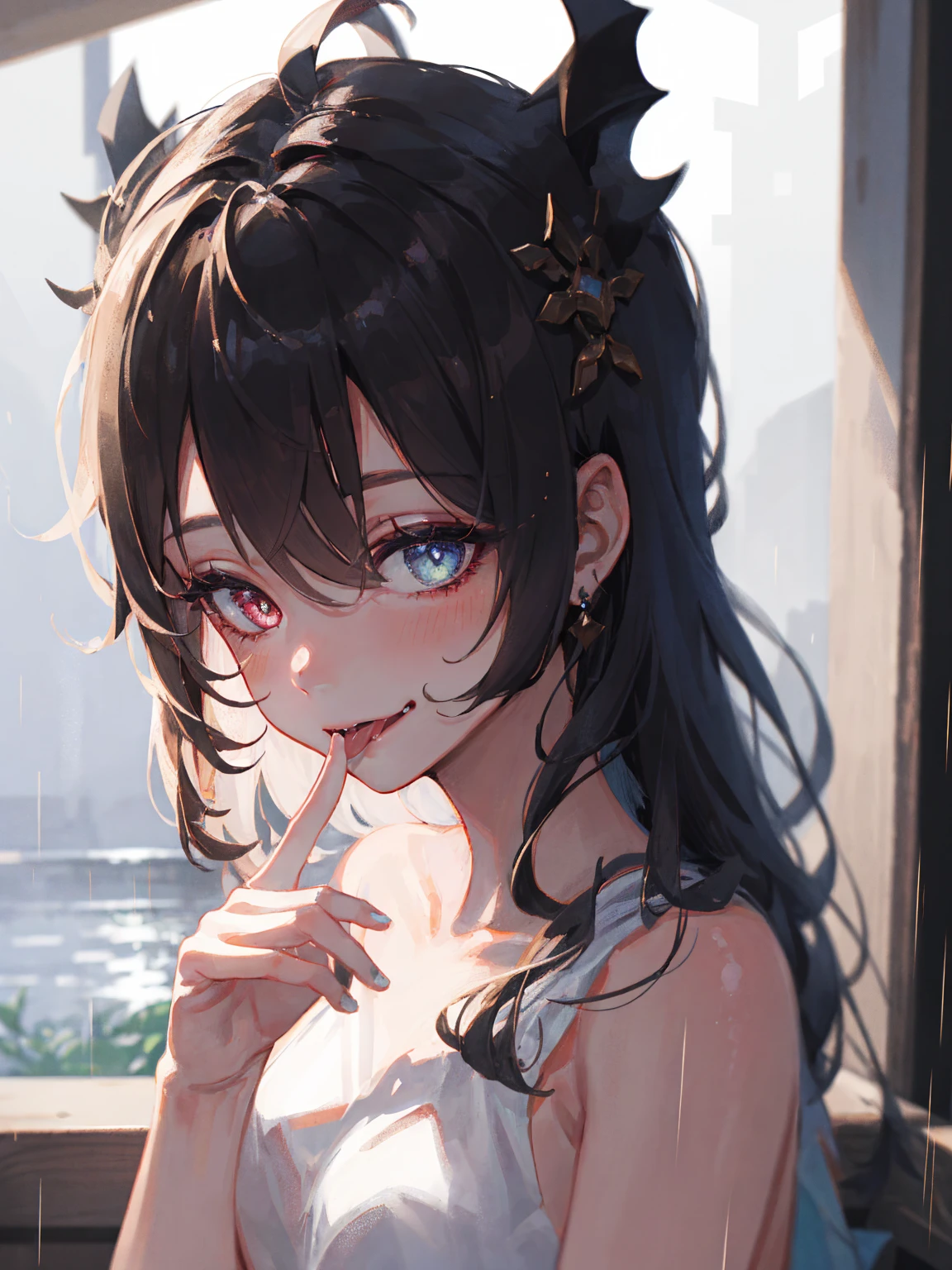 ((masterpiece, best quality)), highres, 8k, cinematic light, high contrast, depth of field, intense glow, simple background, darkness, abyssal, 1girl, cute, naughty, seductive smile, perfect arms, perfect hands, perfect fingers, detailed fingers, (heterochromia), (nude), (completely nude), detailed collarbone, perfect collarbone, close up, close shot, portrait of a girl, detailed eyes, glowing red eyes, sparkle in eyes, detailed iris, grin, stylized, (messy hair), (hair over one eye), luminous, fangs, demon horns, red horns, mouth wide open, tongue out, (heavy rain:1.3), one hand on mouth