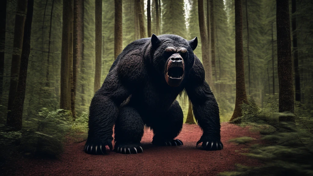 Giant Monsters, Giant Bear, lava, evil夢の獣, Wildlife Photography, Super detailed, Spooky Forest, Dark atmosphere, Spooky lighting, A menacing presence, Ominous atmosphere,A terrifying landscape, A horrifying sight, evil夢を誘発する, Anxious environment,Horror movie setting, Scary atmosphere, Vibrant colors, Sharp focus, Scorching Hell, 邪evil, evil, Deep in the forest, Giant creatures, 気味のevilい, Please open your mouth wide, Vivid mouth, Beast&#39;s Teeth