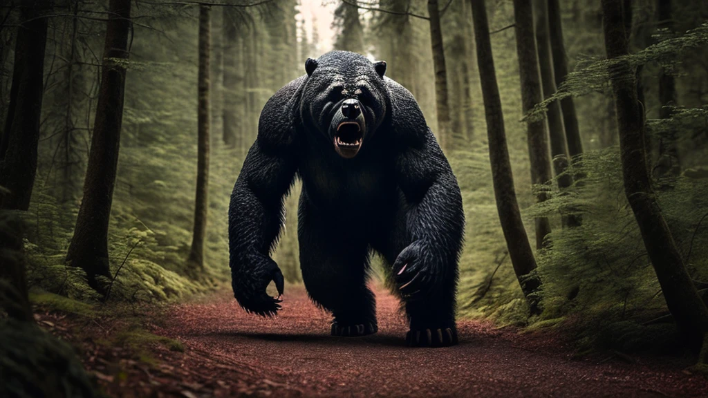 Giant Monsters, Giant Bear, lava, evil夢の獣, Wildlife Photography, Super detailed, Spooky Forest, Dark atmosphere, Spooky lighting, A menacing presence, Ominous atmosphere,A terrifying landscape, A horrifying sight, evil夢を誘発する, Anxious environment,Horror movie setting, Scary atmosphere, Vibrant colors, Sharp focus, Scorching Hell, 邪evil, evil, Deep in the forest, Giant creatures, 気味のevilい, Please open your mouth wide, Vivid mouth, Beast&#39;s Teeth