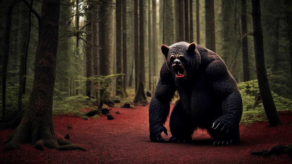 Giant Monsters, Giant Bear, lava, evil夢の獣, Wildlife Photography, Super detailed, Spooky Forest, Dark atmosphere, Spooky lighting, A menacing presence, Ominous atmosphere,A terrifying landscape, A horrifying sight, evil夢を誘発する, Anxious environment,Horror movie setting, Scary atmosphere, Vibrant colors, Sharp focus, Scorching Hell, 邪evil, evil, Deep in the forest, Giant creatures, 気味のevilい, Please open your mouth wide, Vivid mouth, Beast&#39;s Teeth