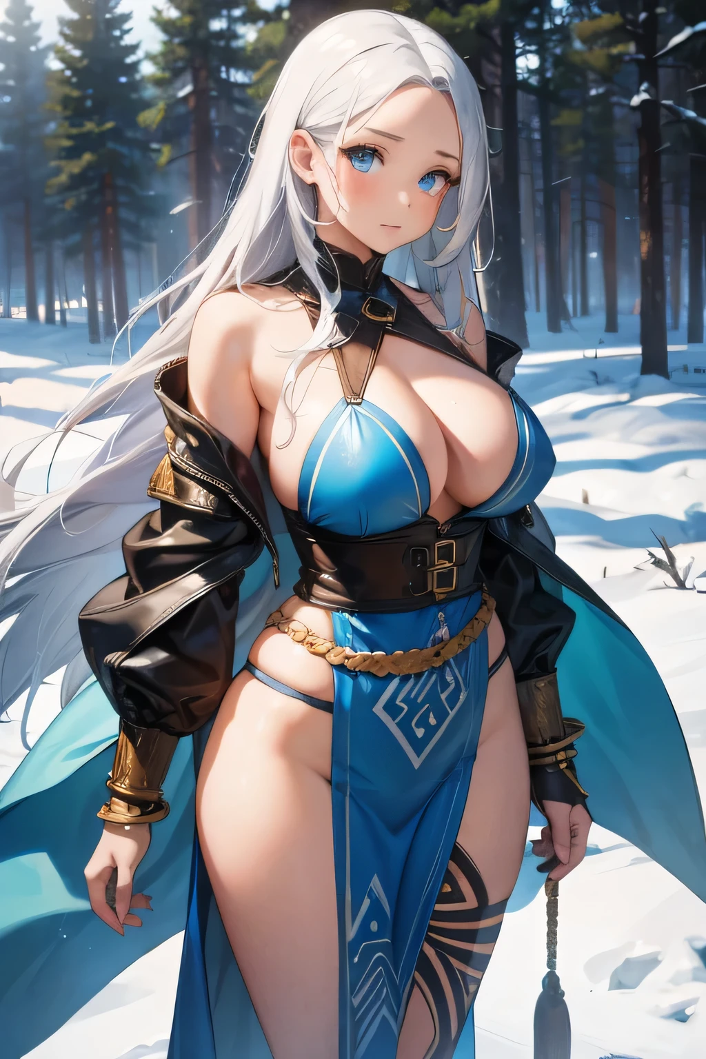 1 girl, single girl, cute, long white hair, light blue eyes, big breasts, big hips, marrying woman, querrera woman, tribal lansa in hand, Amasonica tribal clothing, clothes with hair, Amasonica leather tribal clothing, hair in leather, torn fabric, in a snowy forest, snow