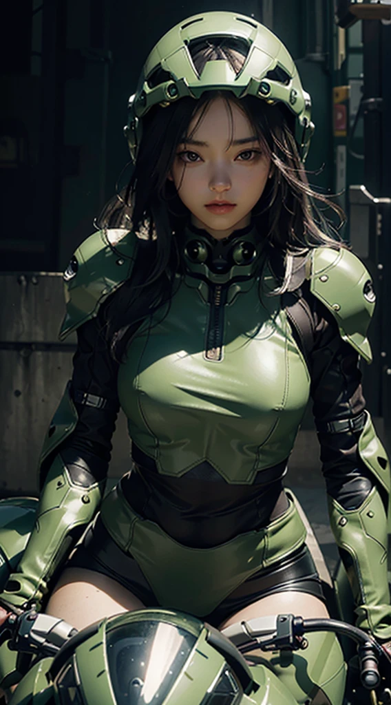 skin.Highest image quality, outstanding details, ultra-high resolution, (realism: 1.4), the best illustration, favor details, highly condensed 1girl, with a delicate and beautiful face, dressed in a black and green mecha, wearing a mecha helmet, holding a directional controller, riding on a motorcycle, the background is a high-tech lighting scene of the future city.