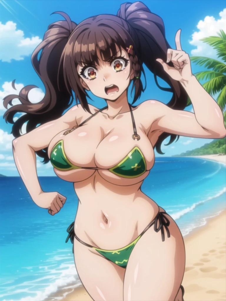 masterpiece, Highest quality, Raphael, Twin tails, Beach, Embarrassing, (Feeling embarrassed), cowboy shot, green micro bikini, Looking at me, (large breasts), Bouncy, Her breasts are shaking, Bouncing , running, open mouth,