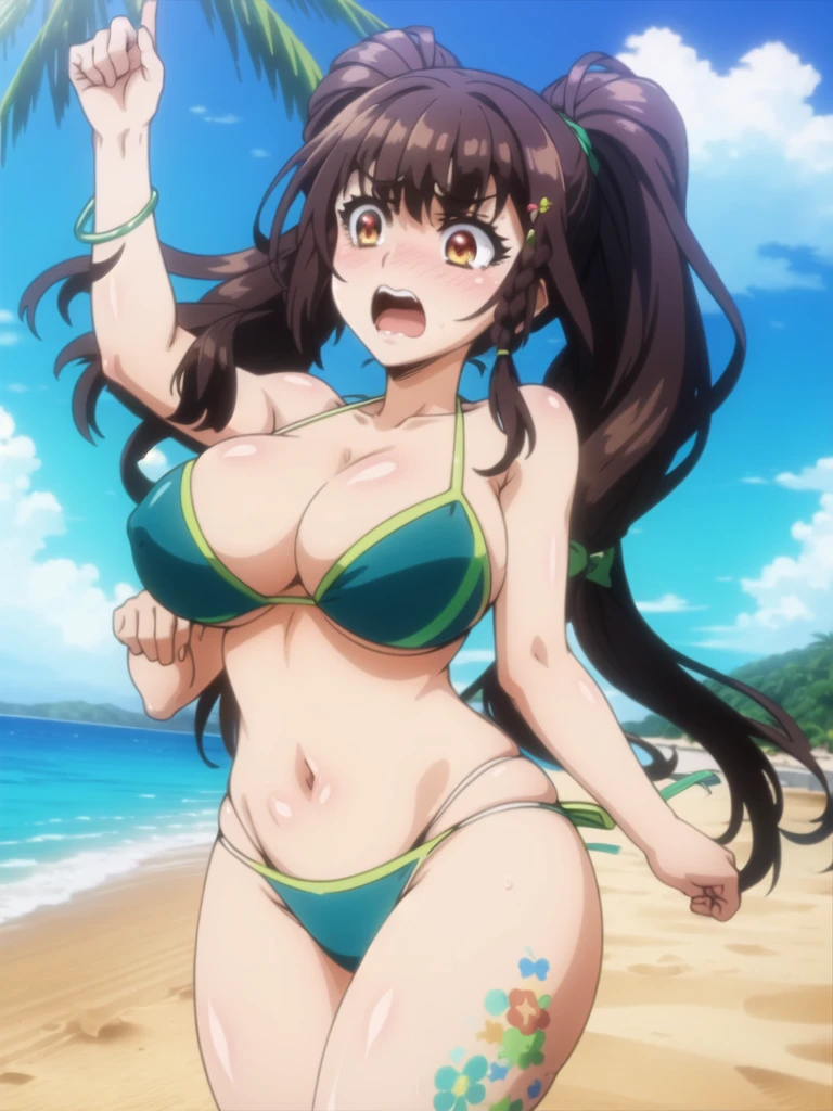 masterpiece, Highest quality, Raphael, Twin tails, Beach, Embarrassing, (Feeling embarrassed), cowboy shot, green micro bikini, Looking at me, (large ), Bouncy, Her breastsaking, Bouncing , running, open mouth,