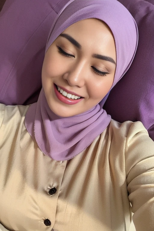 amazing quality, elegant, perfect, hyper realistic, masterpiece ,Create a photorealistic masterpiece of a beautiful woman with hijab wearing PURPLE traditional Indonesian kebaya attire, SHOW TEETH, GROANS OF PAIN, furrowed eyebrows, closing eyes, face facing upwards. captured from above high angle. (lying in bed), a hands holding her shoulders