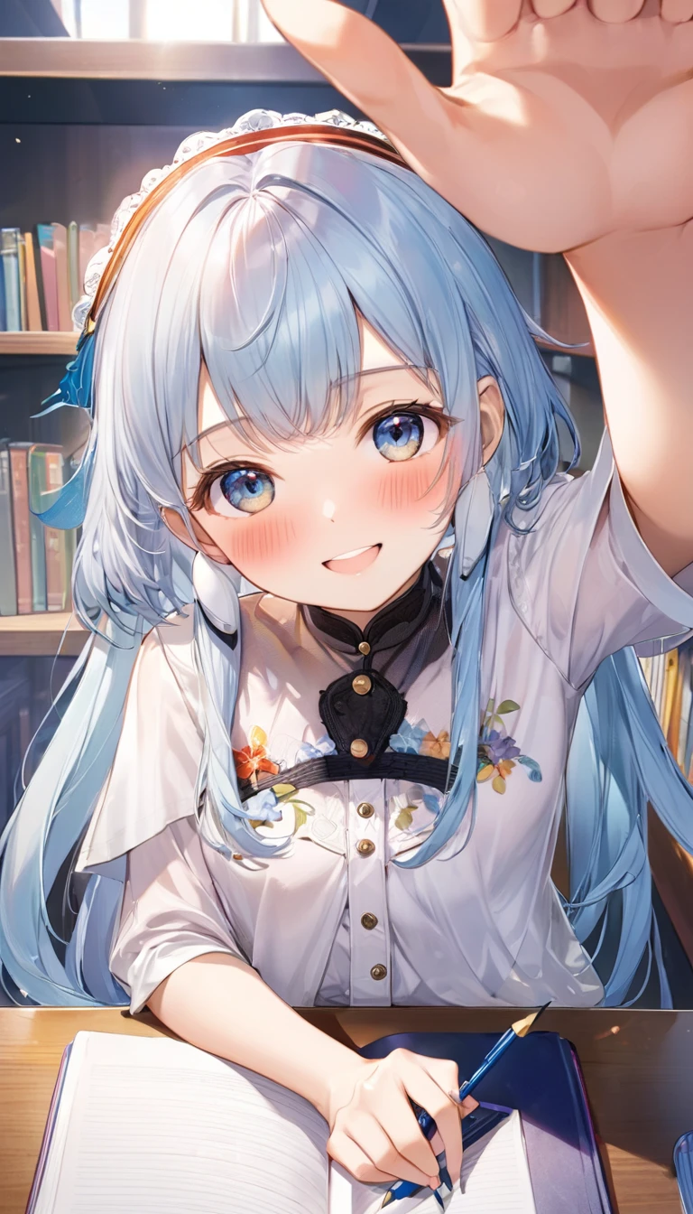 masterpiece, best quality, extremely detailed, (illustration, official art:1.1), 1 girl ,(((( light blue long hair)))), ,(((( light blue long hair)))),light blue hair, , long hair ((blush)) , cute face, big eyes, masterpiece, best quality,(((((a very delicate and beautiful girl))))),Amazing,beautiful detailed eyes,blunt bangs((((little delicate girl)))),tareme(true beautiful:1.2), sense of depth,dynamic angle,,,, affectionate smile, (true beautiful:1.2),,(tiny 1girl model:1.2),)(flat chest), 1girl, (masterpiece, best quality, ultra detailed, 4K:1.5), ultra-detailed background, 1 girl, 1 man, from above, focus upper body, (((headpat))), BREAK kleedef, kleernd, cute face, smile,  very happy, sitting, studying at a desk, BREAK in the library, {Illustration}, {{Very delicate and beautiful}}, Classroom (school desk), (textbook, notebook, mechanical pencil, Pencil case) 1 girl (small build, short limbs, , in front of desk), round face,textbook、(((Concept_Headpat)))
