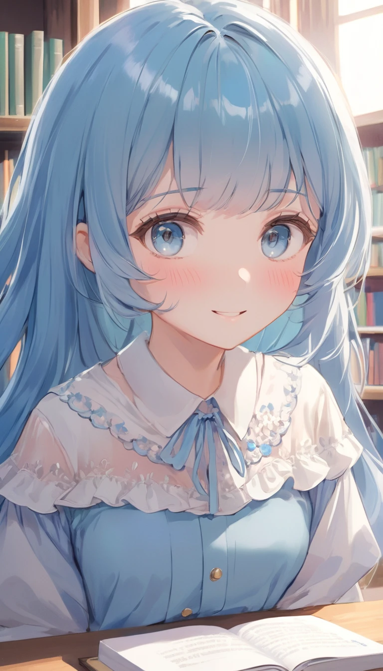 masterpiece, best quality, extremely detailed, (illustration, official art:1.1), 1 girl ,(((( light blue long hair)))), ,(((( light blue long hair)))),light blue hair, , long hair ((blush)) , cute face, big eyes, masterpiece, best quality,(((((a very delicate and beautiful girl))))),Amazing,beautiful detailed eyes,blunt bangs((((little delicate girl)))),tareme(true beautiful:1.2), sense of depth,dynamic angle,,,, affectionate smile, (true beautiful:1.2),,(tiny 1girl model:1.2),)(flat chest), 1girl, (masterpiece, best quality, ultra detailed, 4K:1.5), ultra-detailed background, 1 girl, 1 man, from above, focus upper body, (((headpat))), BREAK kleedef, kleernd, cute face, smile,  very happy, sitting, studying at a desk, BREAK in the library, {Illustration}, {{Very delicate and beautiful}}, Classroom (school desk), (textbook, notebook, mechanical pencil, Pencil case) 1 girl (small build, short limbs, , in front of desk), round face,textbook、(((Concept_Headpat)))
