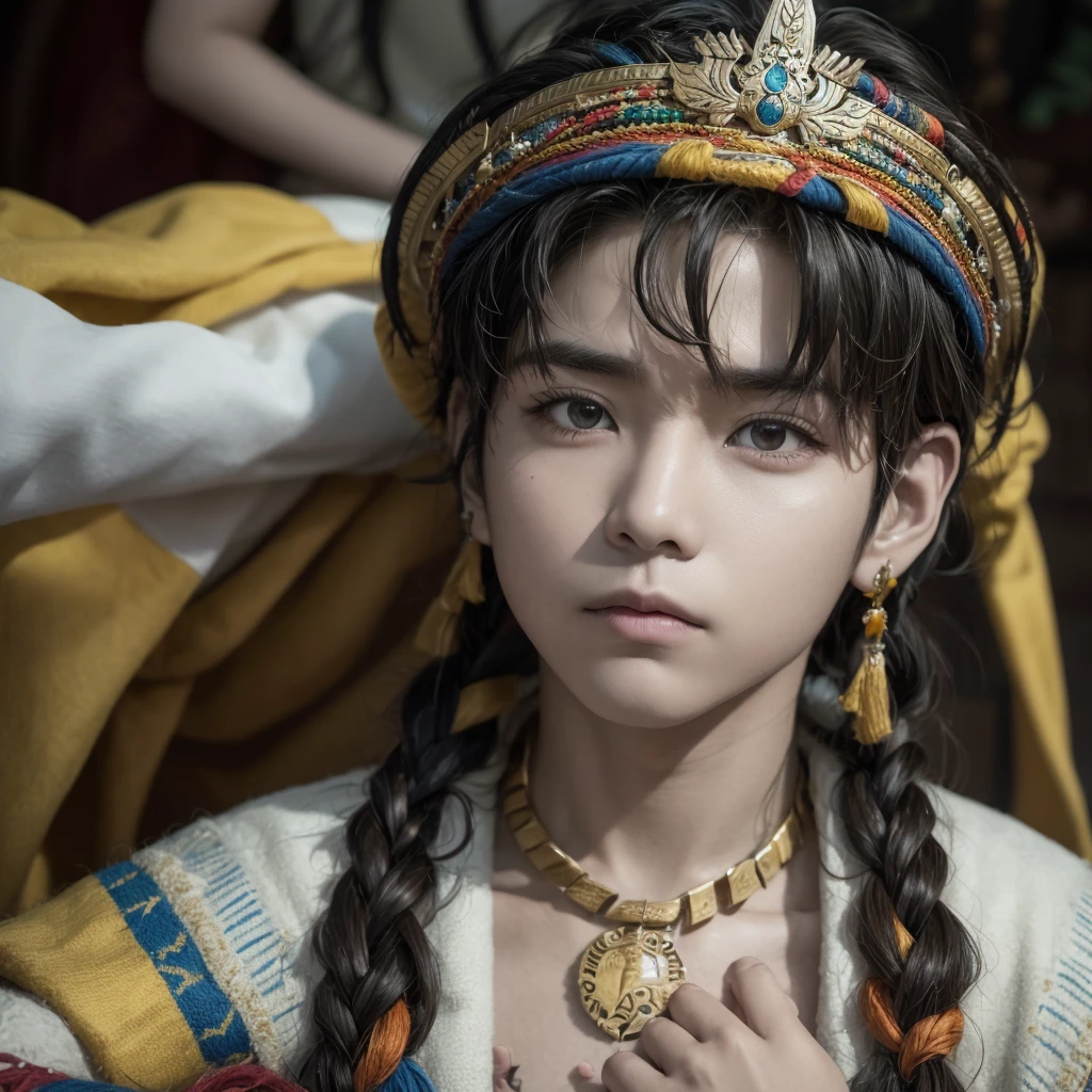 Lee Know of stray kids actor and kpop idol more realism in hair and clothing hair orange, Crea una imagen de un inca del Perú con cabello naranja brillante, pecas en todo el rostro y unos impresionantes ojos verdes brillantes. Imagina al dios Inti con rasgos faciales inspirados en el idol de Kpop Lee Know de Stray Kids, con su característico encanto y carisma. Fusiona la esencia de la cultura inca con la estética del Kpop al representar a este ser divino con una apariencia única y moderna. Haz que la imagen transmita una combinación de fuerza y delicadeza, reflejando la dualidad entre la conexión con la naturaleza y la influencia de la cultura pop contemporánea. Utiliza colores vibrantes y detalles precisos para crear una imagen impactante que combine lo tradicional con lo moderno de una manera sorprendente.Crea una imagen de un inca del Perú con el cabello naranja brillante, pecas dispersas por su rostro y unos ojos verdes hipnotizantes. Haz una representación de un inca peruano con una melena naranja vibrante, pecas delicadamente esparcidas en su piel y unos ojos verdes intensos. Diseña una ilustración de un inca del Perú con el cabello en Peru, inca Create a representation of an inca sitting on his throne, surrounded by riches and tributes. Imagine an Inca warrior leading his army into battle. Design a detailed portrait of an Inca dressed in his best outfits and jewelry. Draw an illustration of an Inca participating in a sacred ritual at a temple. Create an image of an Inca walking through the gardens of Machu Picchu, contemplating the majesty of the citadel. Design a mural that represents the daily life of the Incas in their empire. Imagine an Inca hunting in the Andes, surrounded by mountainous landscapes. Draw an illustration of an Inca celebrating a traditional festival with his people. Create an artistic representation of an Inca receiving tribute from different regions of the empire. Design a scene of an Inca consulting a shaman to make important decisions.
