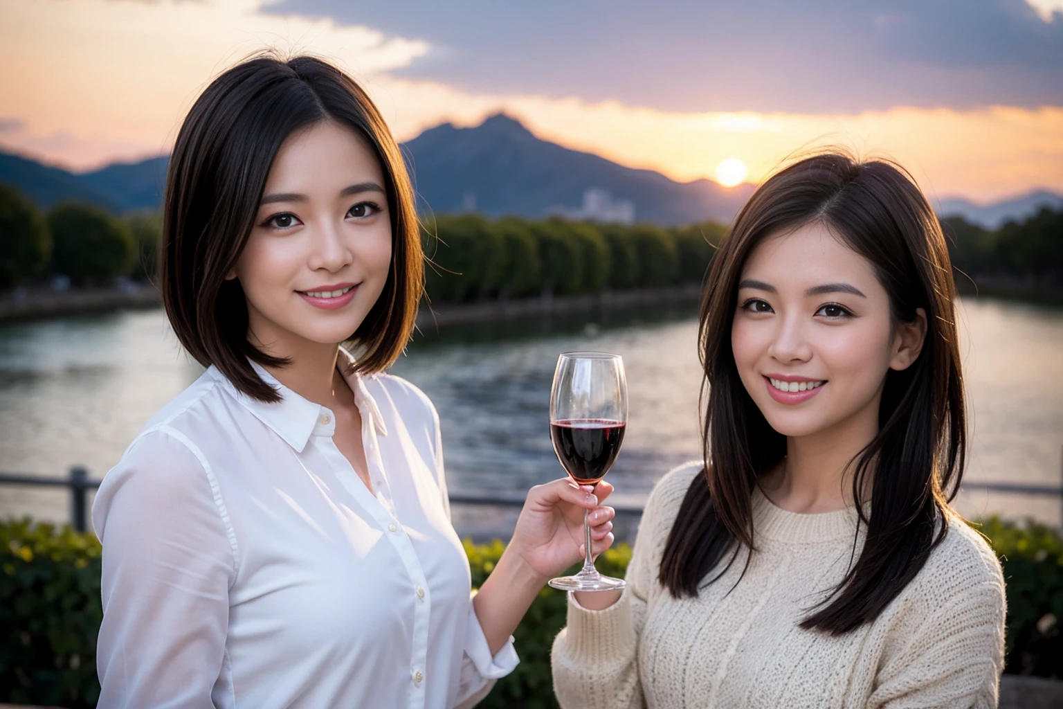 ((Highest quality、8k、masterpiece:1.3))、Slim Couple、Model Couple、(Realistic, Intricate details:1.2), full-course dinner、wine 、Amazing view of the sunset sky and clouds、A bright smile、The wonderfulness of smiles、Bright image、wineの美しさ, Beautiful Face, blue eyes, The light shines on your face, blush, short hair,Bright Face、 (Age 35), 38 years old, 赤wine 、Appetizers、Italian food、wine bottle、Champagne、スパークリングwine、Two beauties、Brown Hair、Shortcuts、Long sleeve shirt、dress、Two beautiful women