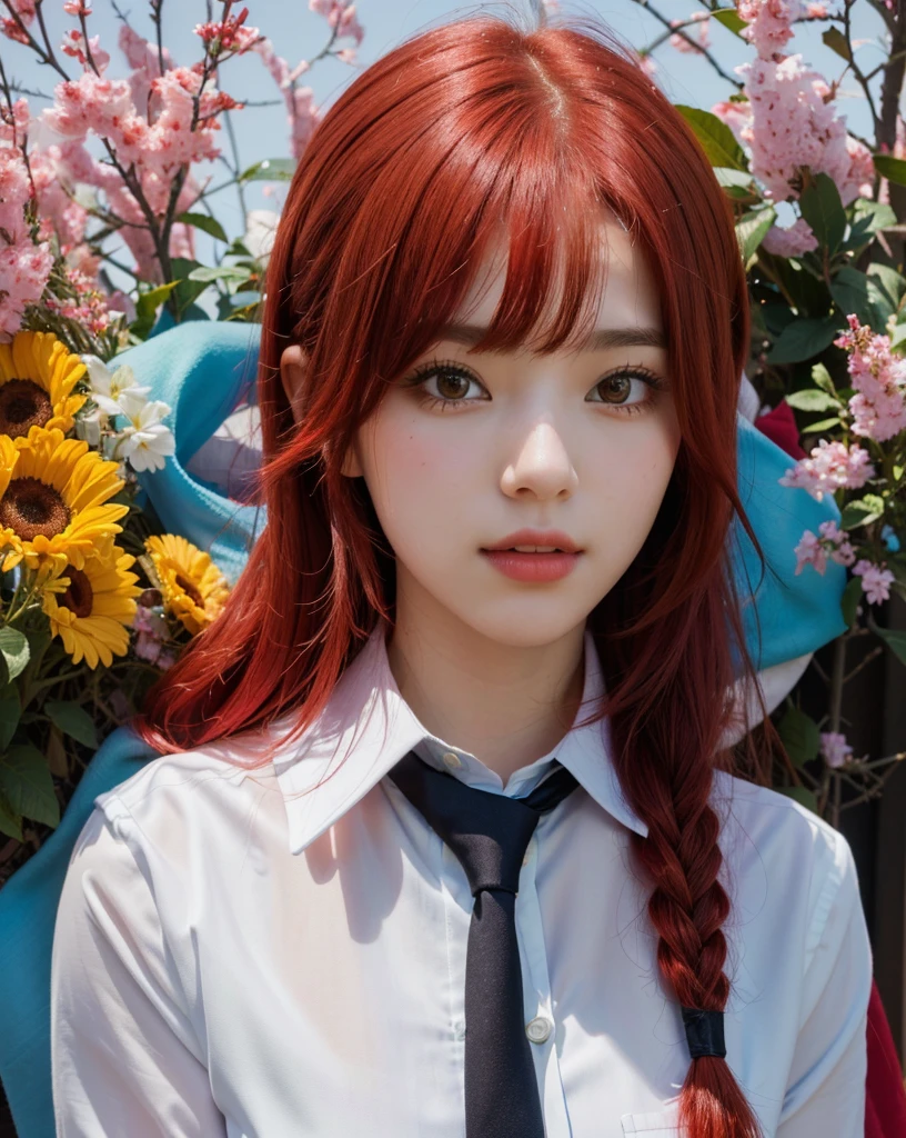 cute girl with red hair and a tie in front of a colorful background, style 4 k, portrait cute girl