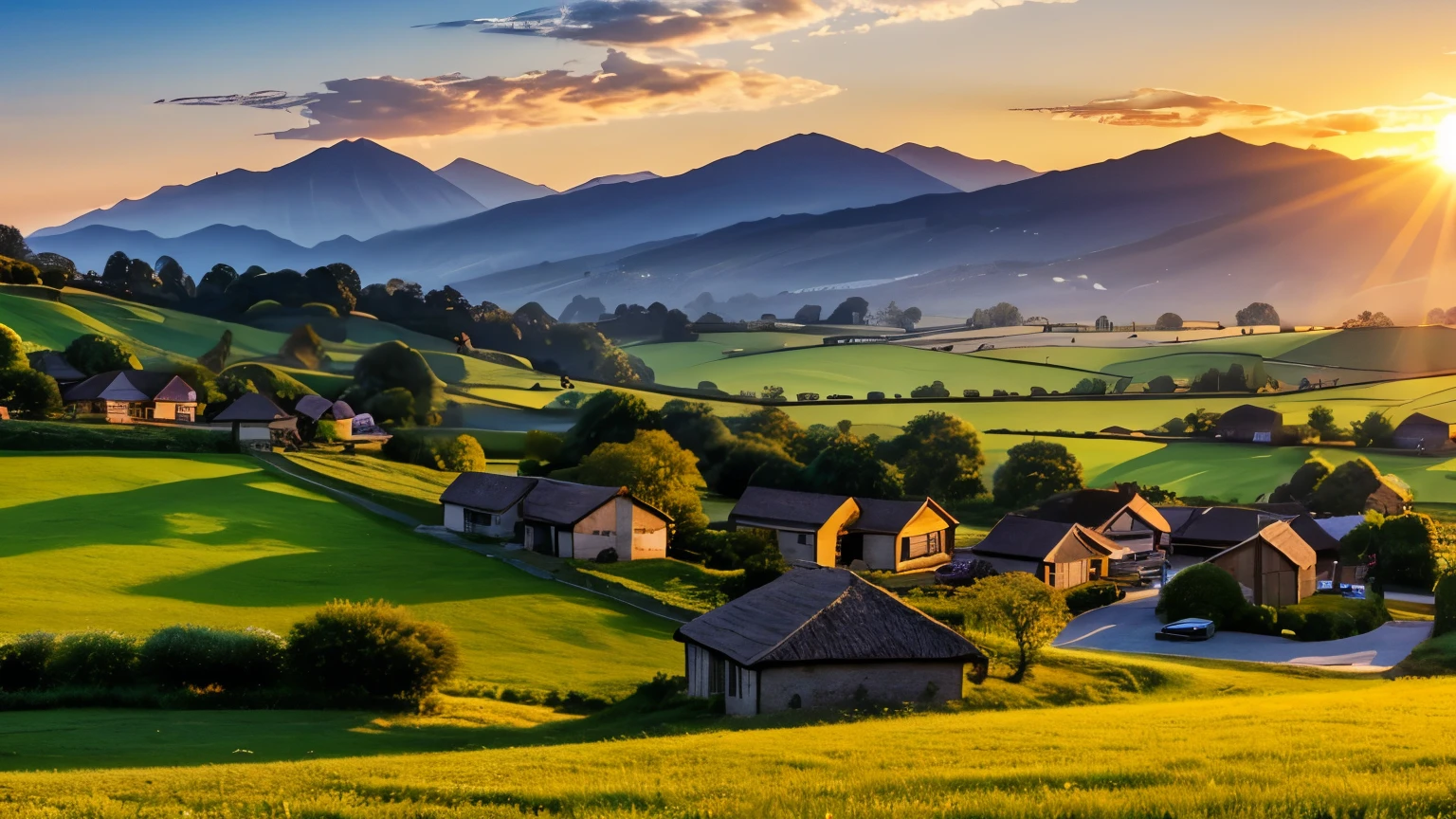 A serene village landscape with the first rays of sunlight hitting the hills, bringing the village to life