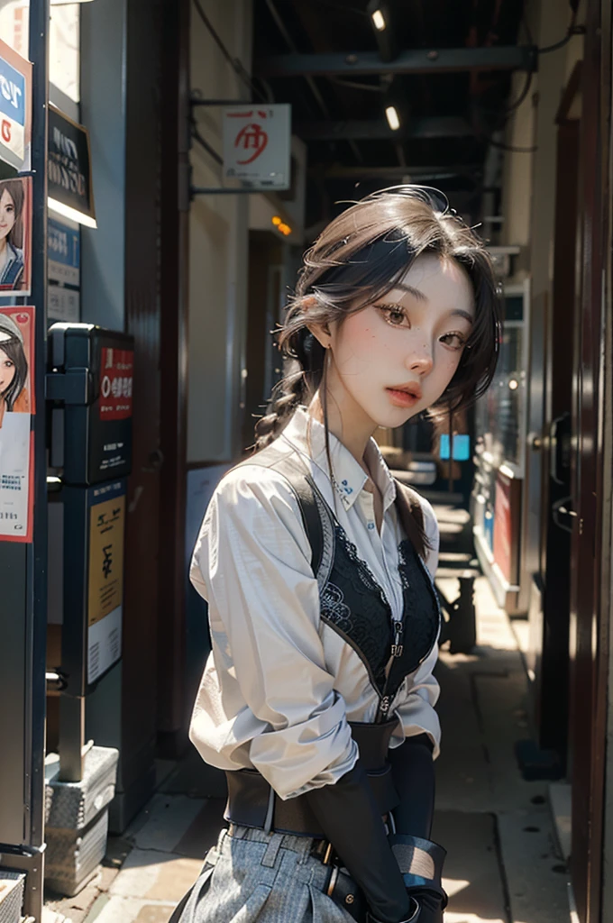 office uniform, amazing lighting,  cinematic lighting, (busy Korean Street), (best quality, masterpiece:1.4), absurdres, ultra-detailed CG, 8k, high detailed, beautiful face, detailed face, 1girl, solo ,braid, toned, shiny skin, head tilt, standing still, bloom, light particles, depth of field,