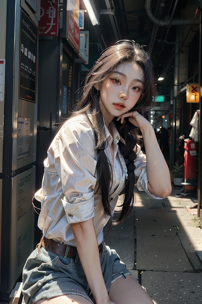 office uniform, amazing lighting,  cinematic lighting, (busy Korean Street), (best quality, masterpiece:1.4), absurdres, ultra-detailed CG, 8k, high detailed, beautiful face, detailed face, 1girl, solo ,braid, toned, shiny skin, head tilt, standing still, bloom, light particles, depth of field,