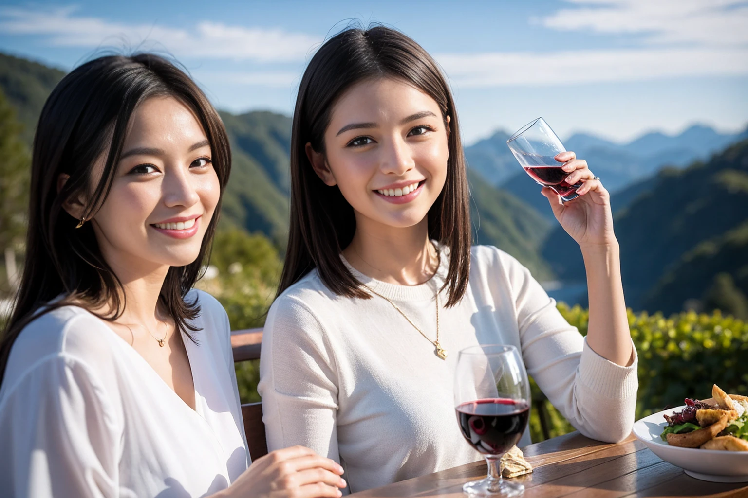 ((Highest quality、8K、masterpiece:1.3))、1 male、1 female、石原さとみ似美女Couple、spouse、Couple、The body is slim、((Bob Hale、Straight hair:1.2)), (Realistic, Intricate details:1.2), テーブルの上のwine glass、Put the light on your face、 Amazing view of the sunset sky and clouds、Amazing mountain views、A bright smile、The wonderfulness of smile、Bright image、The beauty of wine, Beautiful Face, blue eyes, The light shines on your face, Blushing, short hair,Bright Face、 (Age 37), "41 years old, red wine 、Appetizers、Italian food、Wine bottle、Champagne、sparkling wine、Two beauties、Brown Hair、Shortcuts、Long sleeve shirt、dress、Beautiful woman 1, (slimな顔), (The body is slim), (Brown Hair), (Shortcuts), cheeks turn a little red,Attractive beauty、restaurant, In a prominent place (From the waist up) Nova Frog Style, actress, model, Upper Body, White wine, slim, wine glass, 中央に置かれたwine glass, smile, (smile: 1.15), Beautiful fine grain, Depth f/2,saturation, High Contrast, Strong light and shadow,Moist Body:1.5、3D texture、Delicate eyes、Brown Hair、The hair is very shiny、