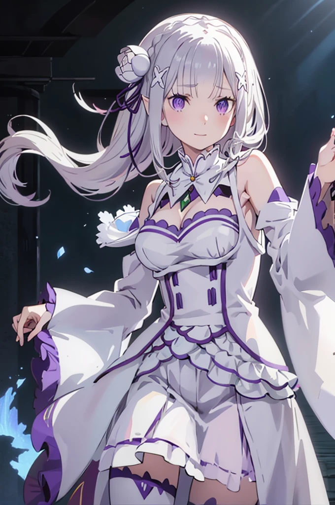 emilia, 
Rezero emilia, 
1girl, 
best illustration, masterpiece, best quality, (anime screencap:0.8), (official art:0.7), detailed beautiful face and eyes, nice hands, perfect hands, BREAK long hair, low-tied long hair, braid, crown braid, animate, anime keyvisual, super fine illustration, perfect anatomy, 
white hair, 
(purple eyes:1.2), (beautiful detailed eyes:1.6),
looking at viewer, 
pointy ears,
BREAK smile, 
dress, pink dress, BREAK bare shoulders, detached collar, long sleeves, shoulder cutout, wide sleeves, white sleeves, 
medium breasts, 
zettai ryouiki, 
flower, hair flower, hair ornament, hair ribbon,   white flower, x hair ornament,
cowboy shot ,
perfect lighting,
background of indoor, 