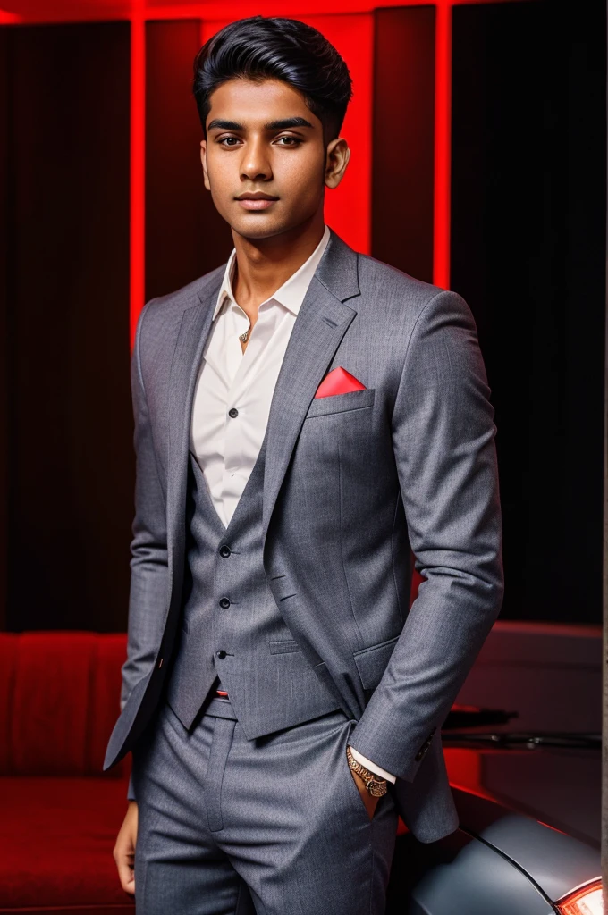 21 year old indian boy With fair skin Wearing spectacles and narrow body Posing for a linkedin picture in formals red light background