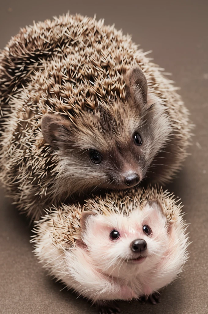"Draw a cute 2D hedgehog character in pastel colors. The hedgehog has brown quills and a white belly, with big black eyes and a small pink nose. The hedgehog is facing forward and looking at the camera, happily playing. There is no background image."
