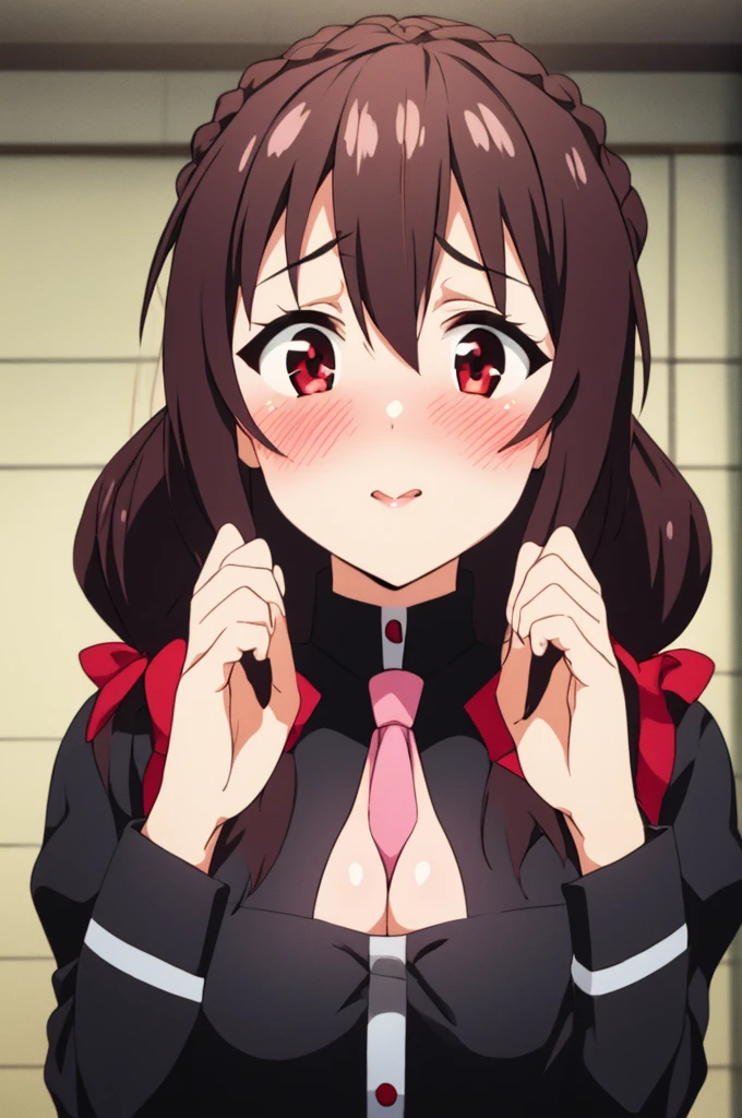 (masterpiece, Highest quality), One girl, Yunyun,Long Hair,Braiding,Twin tails,Hair between the eyes,Red hair ribbon,hair ornaments,large round breasts,、Pink Skirt、Black Hair、Crown Blade,Black Shirt, Long sleeve,Pink tie, belt, Cleavage cutout、Above the upper body、(blush:1.ung face、indoor、(Kiss the viewer)、((Open your eyes just a little))