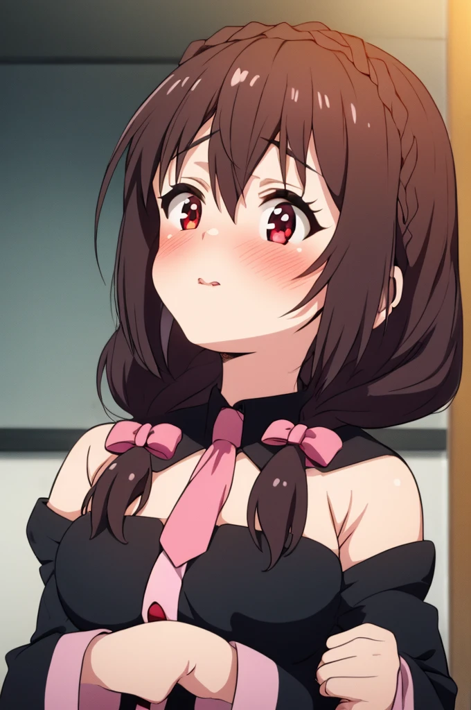 (masterpiece, Highest quality), One girl, Yunyun,Long Hair,Braiding,Twin tails,Hair between the eyes,Red hair ribbon,hair ornaments,large round breasts,、Pink Skirt、Black Hair、Crown Blade,Black Shirt, Long sleeve,Pink tie, belt, Cleavage cutout、Above the upper body、(blush:1.2)、Young face、indoor、(Kiss the viewer)、((Open your eyes just a little))