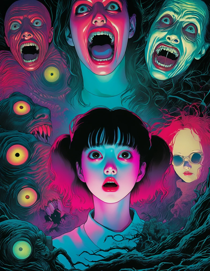 An illustration、art、80s horror movie posters, Supervised by Junji Ito、High detail, Realistic shadows、Analog Style, chromatic aberration, Surrealism、Complementary Gradient