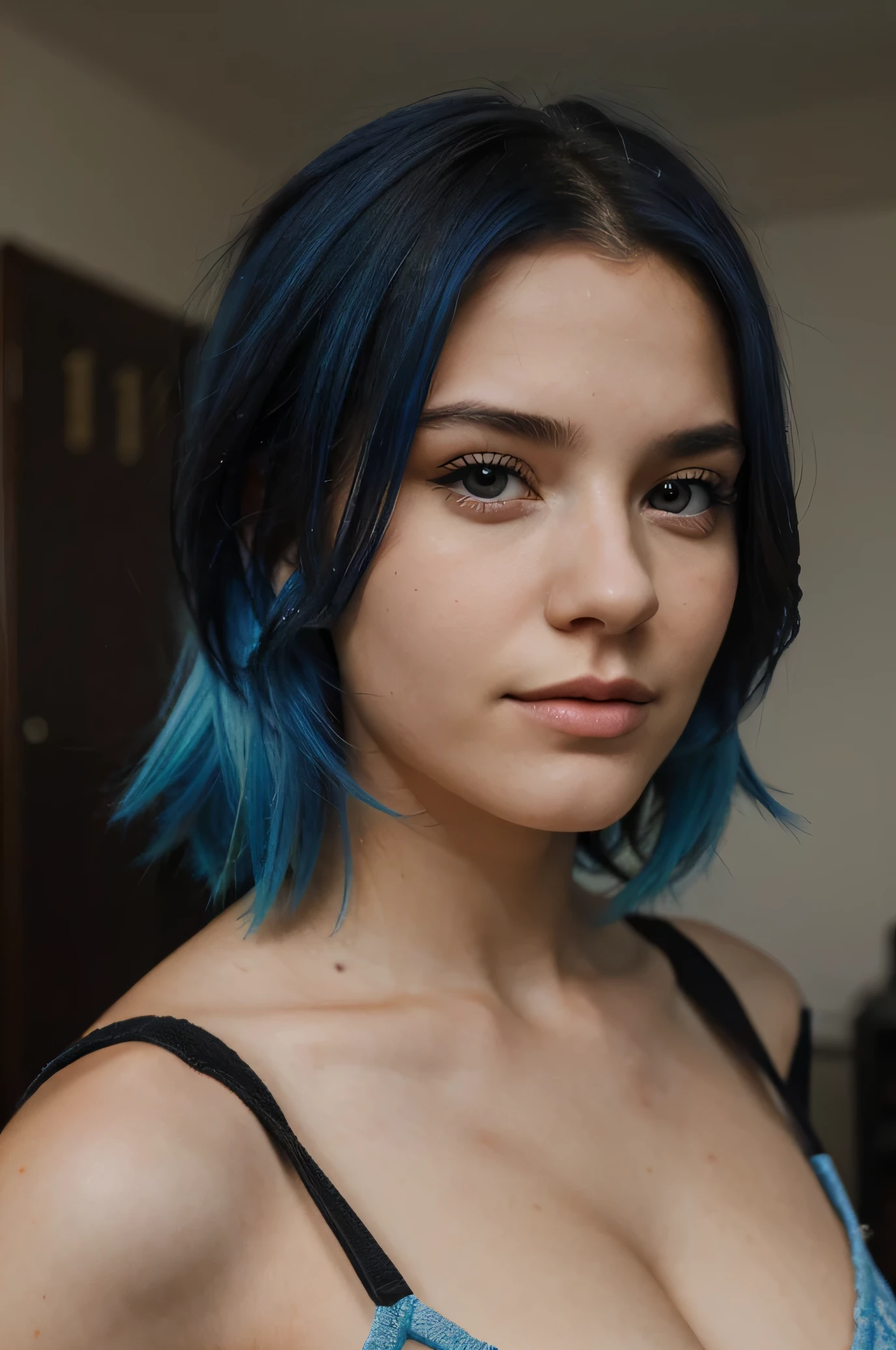 Realistic portrait of a 22 year old young woman with blue hair