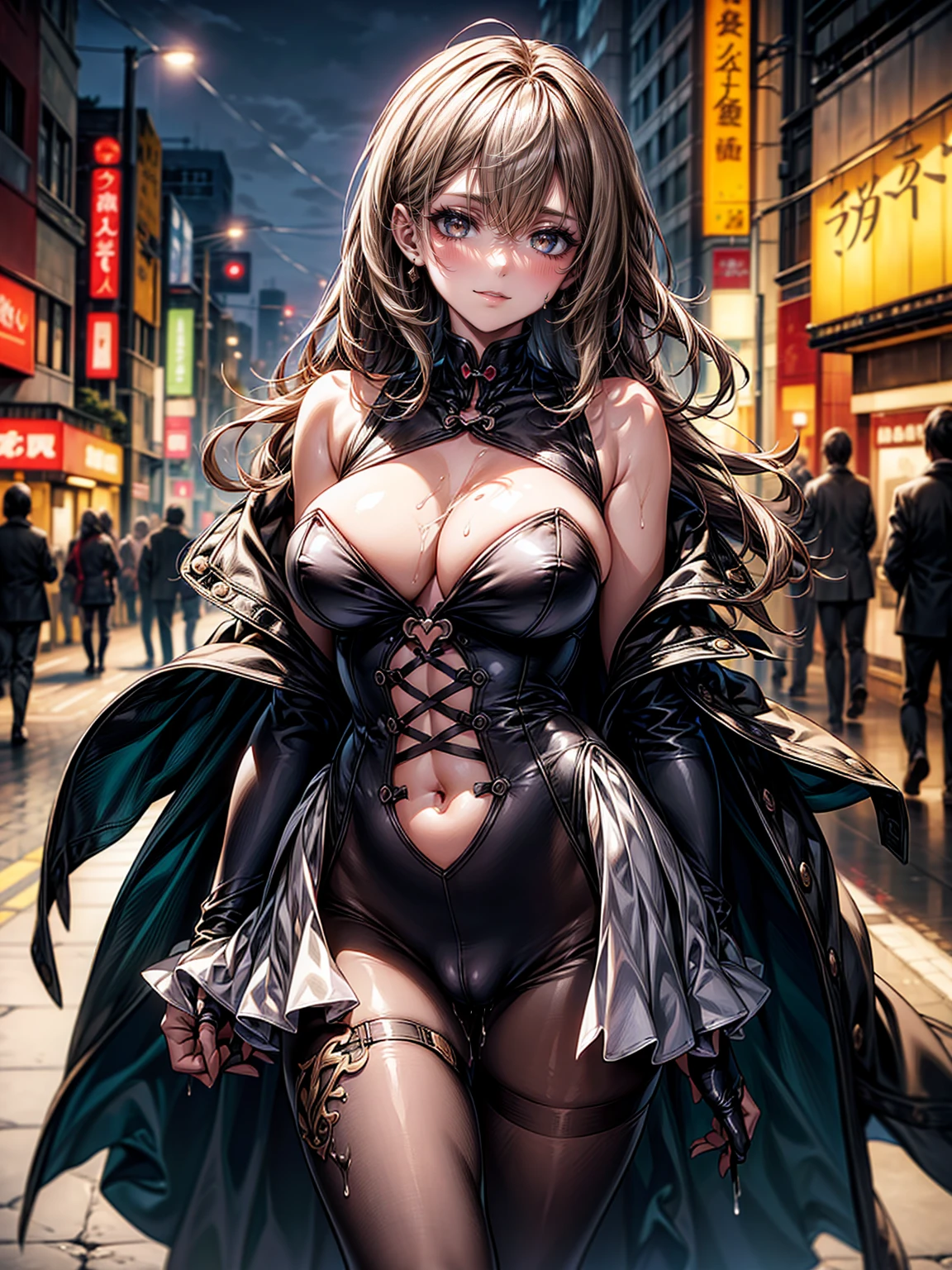NSFW、(masterpiece, Highest quality, Super detailed:1.3), Perfect composition, 4K, (Very detailed, Super detailed), Soft lighting, pantyhose, High resolution, 8k Texture, Attention to detail, Very detailed肌の質感, Magnificent details, High Sharpness, One girl, (Fine grain:1.3), (25-year-old woman:1.3), (skinny), (Big Breasts), (Masturbation on the street:1.5), Touching the crotch with fingers、((Love juice drips from the crotch))、In public, Night streets in Tokyo, night lighting, Neon Light, (白いUltra glossyのハイレグエナメルボディスーツ)、(Body Harness)、、(Ultra glossy)(reflection), figure, (masturbation:1.5)、(Red cheeks)、Sticking out tongue