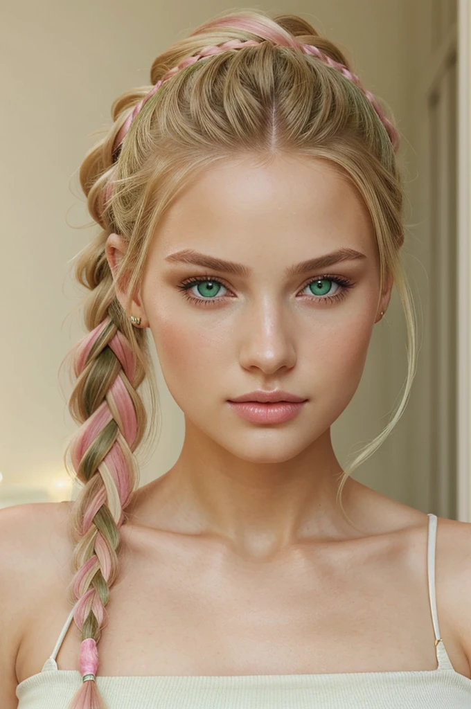 Portrait, photorealistic, realistic, Girl, green eyes, clear skin, soft makeup, long streaked green/pink hair, {loose hair, updo hair, ponytail, braids}, realistic soft skin.