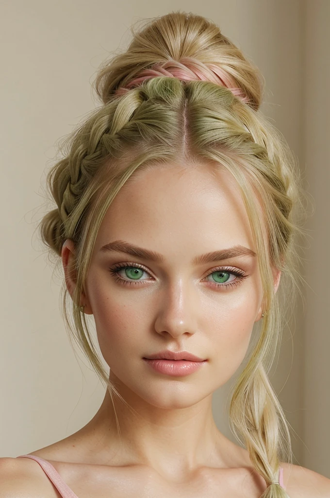 Portrait, photorealistic, realistic, Girl, green eyes, clear skin, soft makeup, long streaked green/pink hair, {loose hair, updo hair, ponytail, braids}, realistic soft skin.