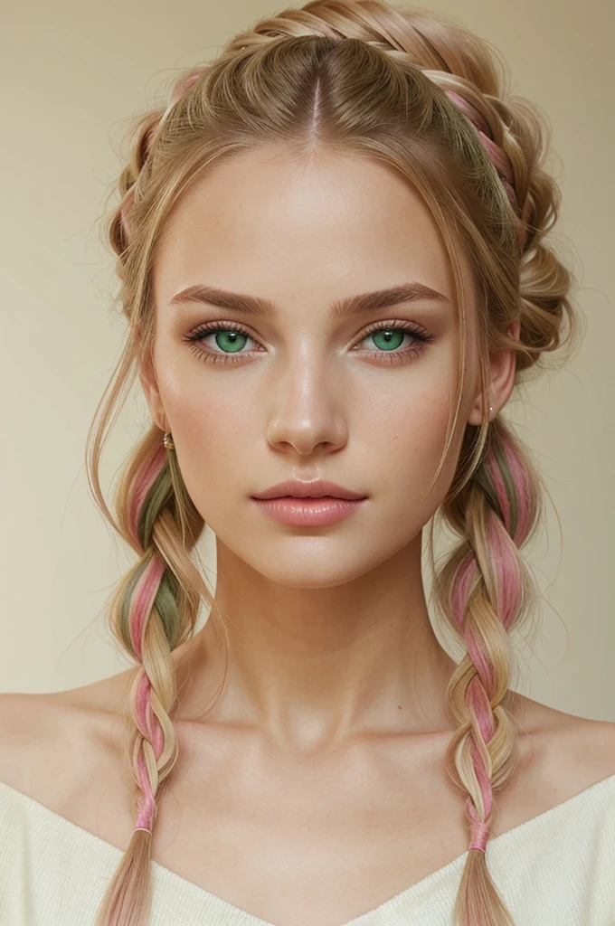 Portrait, photorealistic, realistic, Girl, green eyes, clear skin, soft makeup, long streaked green/pink hair, {loose hair, updo hair, ponytail, braids}, realistic soft skin.